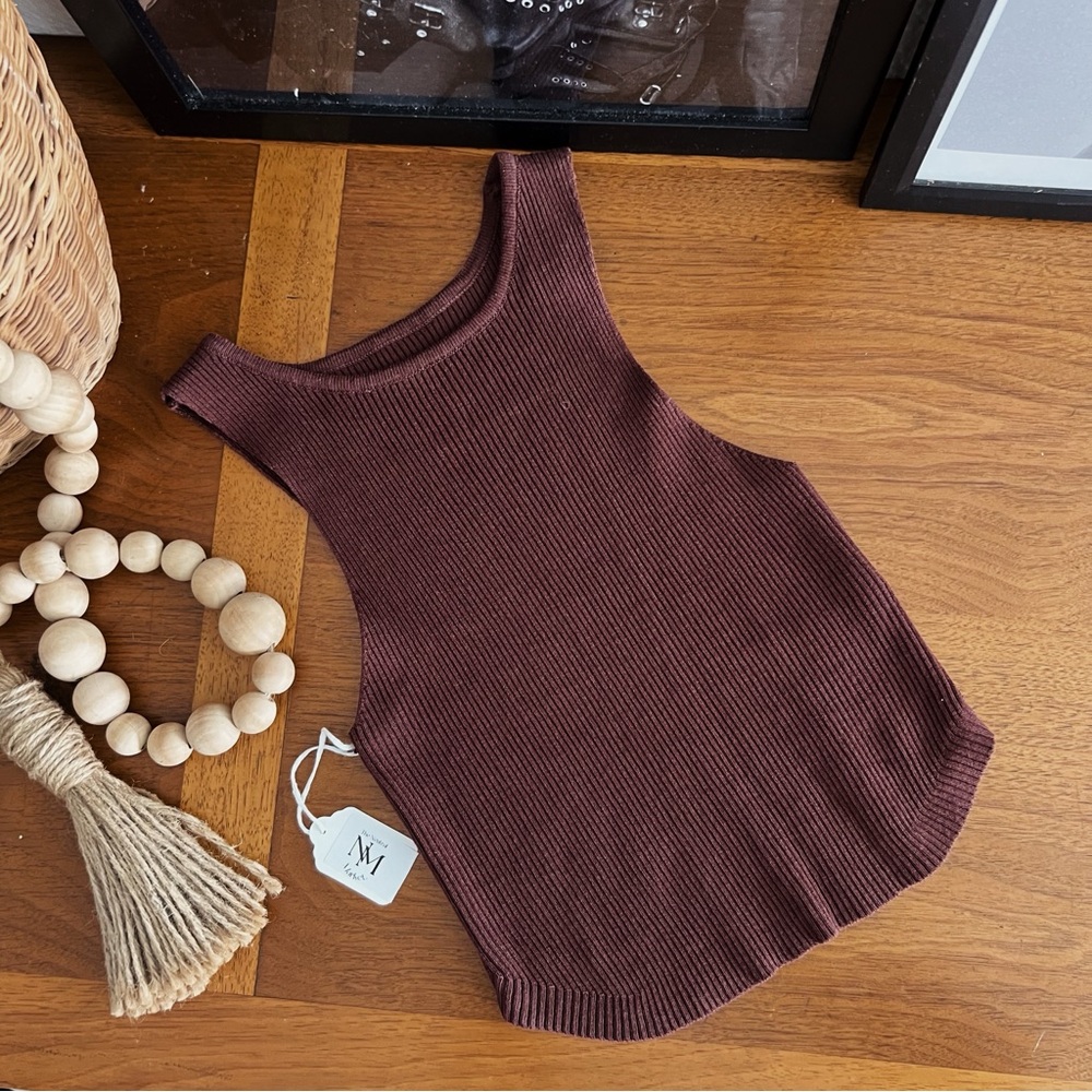 BROWN RIBBED STRETCHY BASIC CROP TANK #0358
